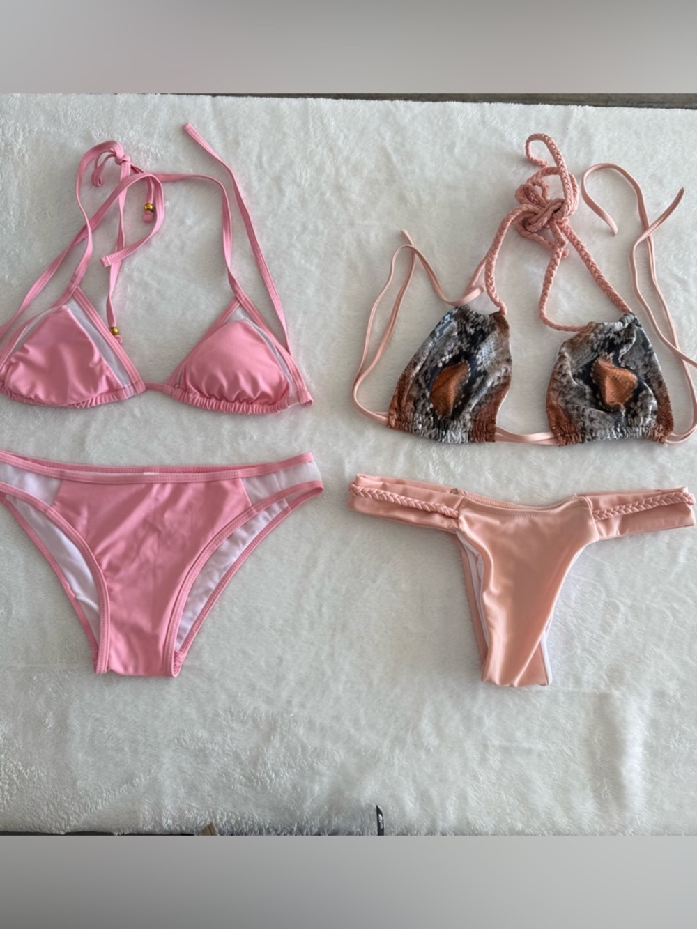 2-Piece Bikini Bundle Brazilian Cheeky Bottoms Triangle Tops Pink & Snake Print